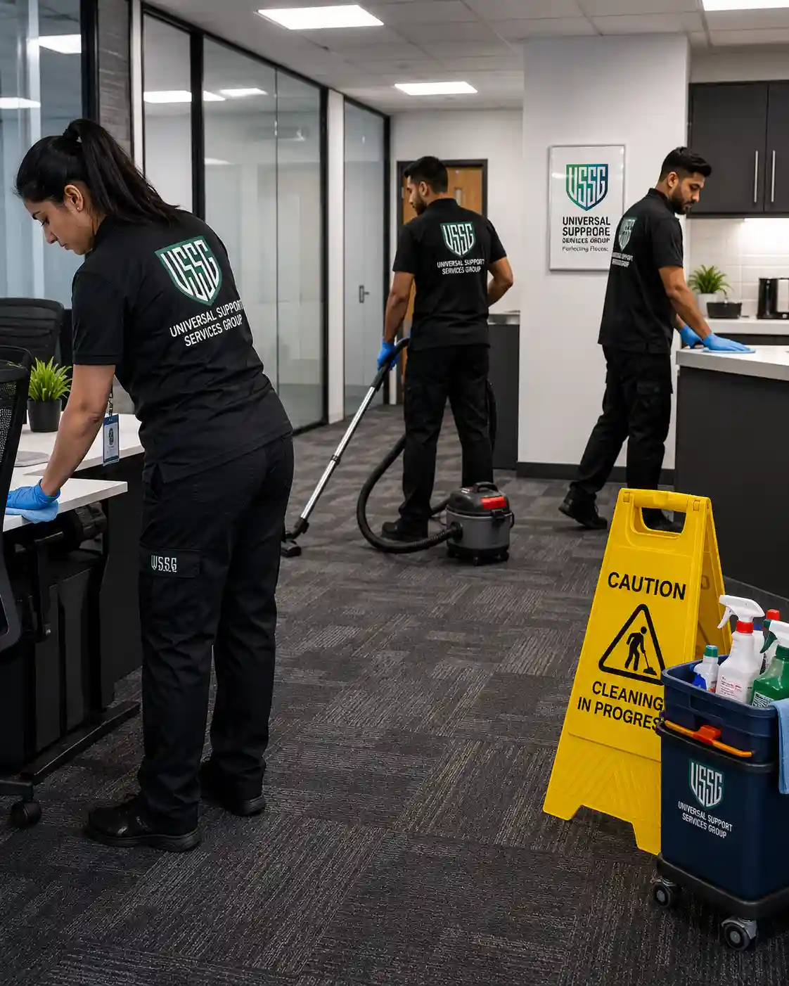 Commercial cleaning team at work