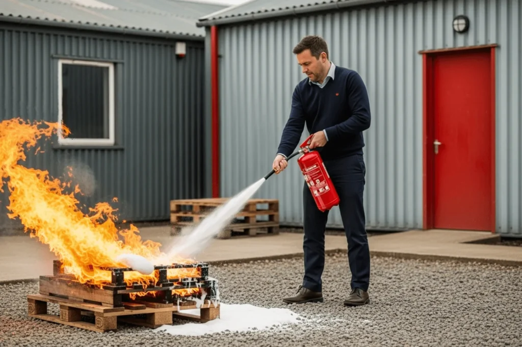 Fire warden performing live fire extinguisher training in the UK