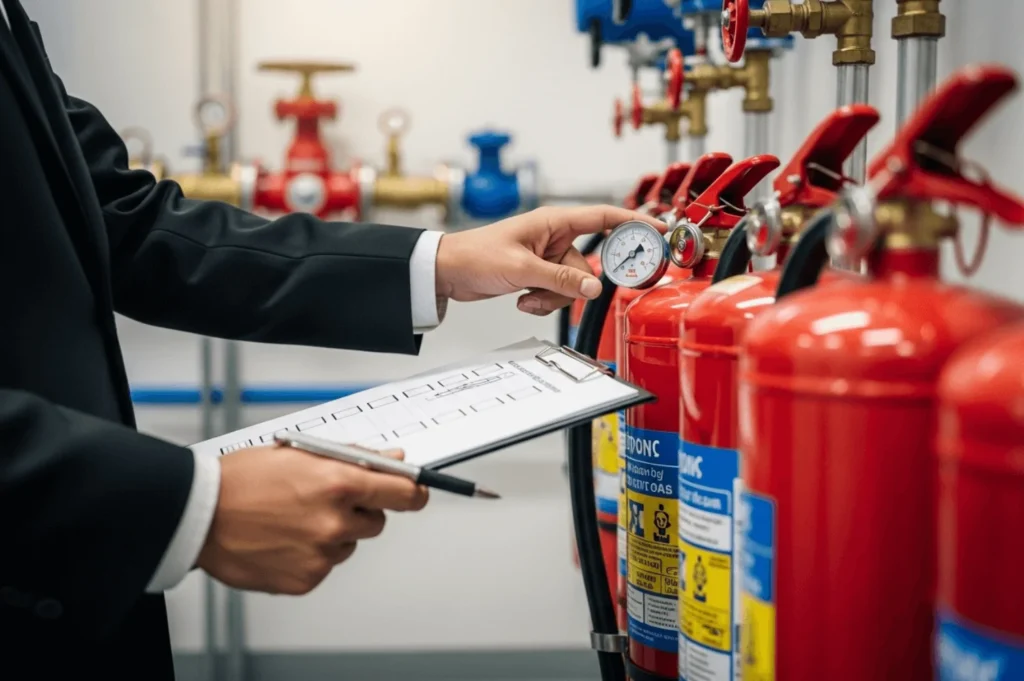 Fire marshal inspecting fire extinguishers in a high-rise building in the UK