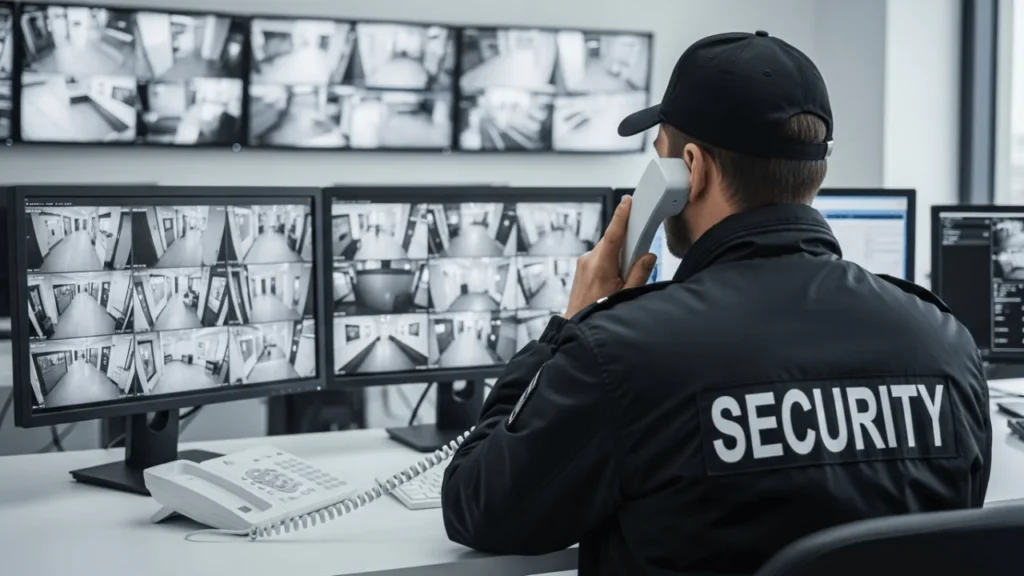 Corporate security officer monitoring CCTV security systems UK
