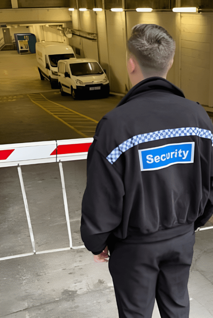 Security officer carrying out building and site security patrol for waking watch services in the UK