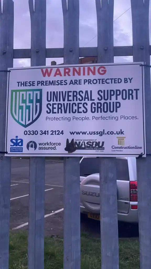 construction site security warning sign protected by USSG security services UK