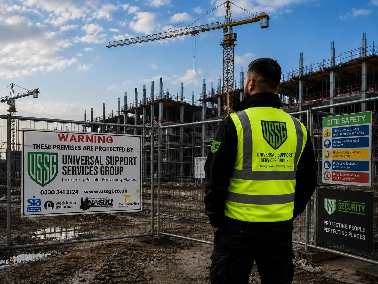 SIA approved construction site security guard protecting a UK building development site