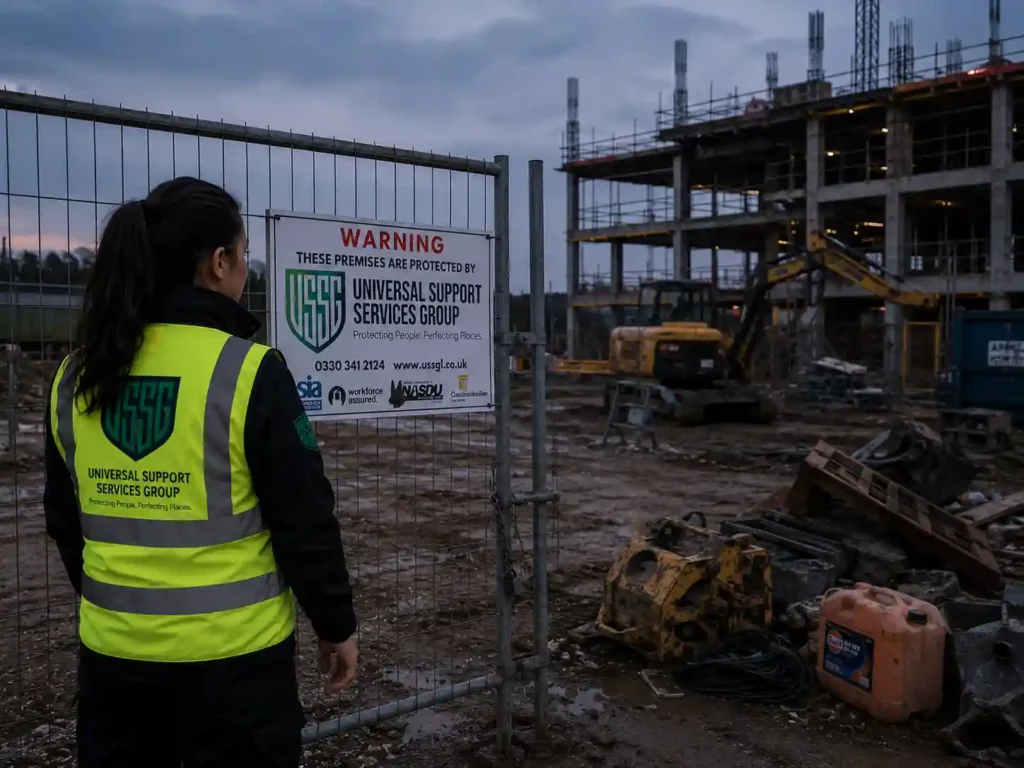 USSG security officer monitoring a UK construction site protected by Universal Support Services Group security services