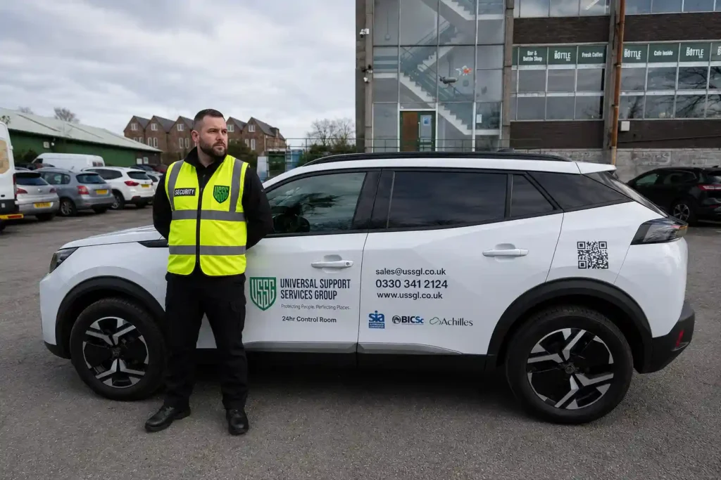 Directly employed security officer standing beside a mobile patrol vehicle at a commercial property in the United Kingdom.