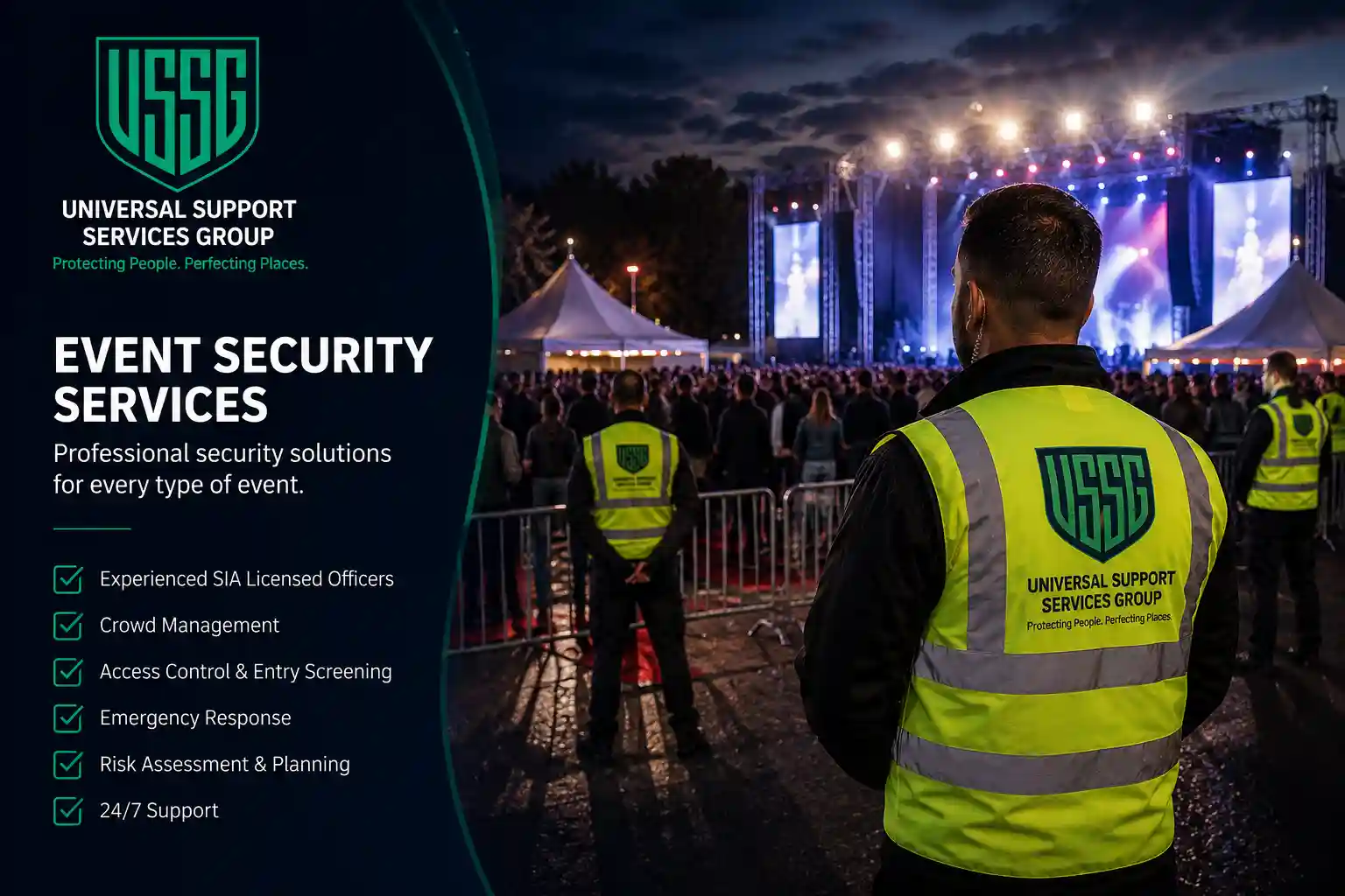 Professional event security officers managing crowds and venue operations at a live outdoor event in the UK.