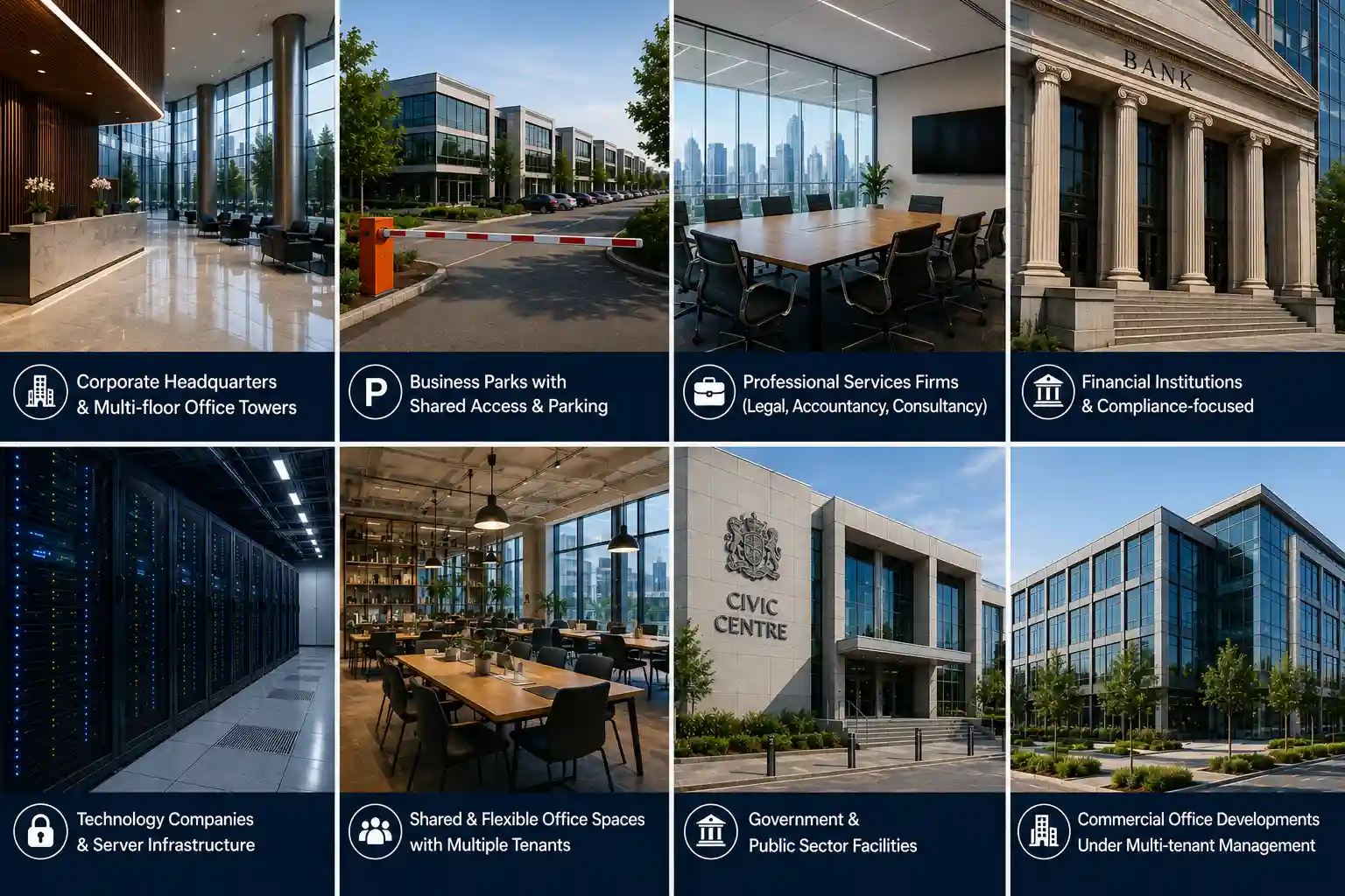 Office security services supporting corporate headquarters, business parks, financial institutions, technology companies and commercial office developments across the UK