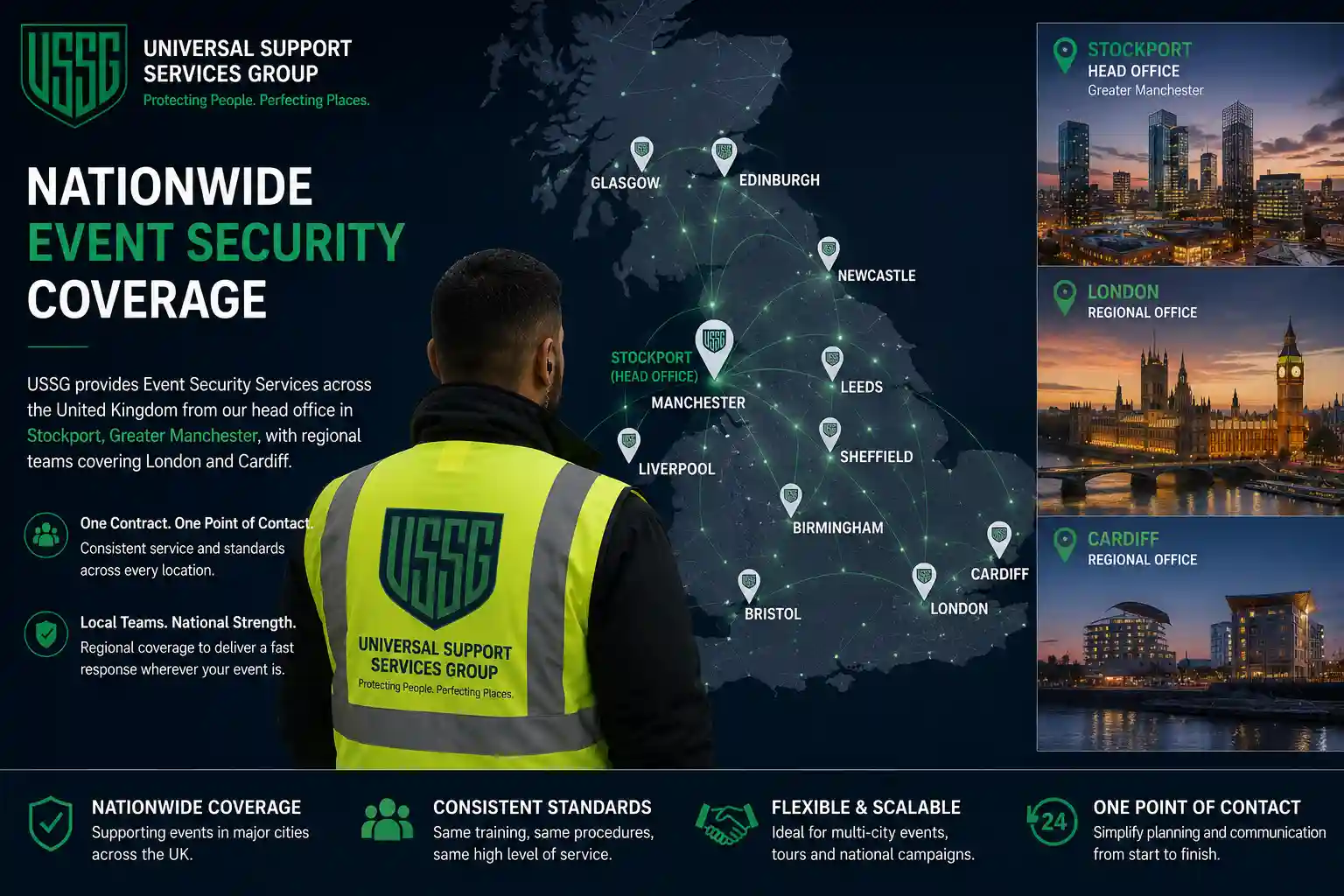 Nationwide event security coverage across the UK with professional security teams supporting events in Manchester, London, Birmingham, Leeds, Liverpool, Cardiff, Glasgow and other major cities.