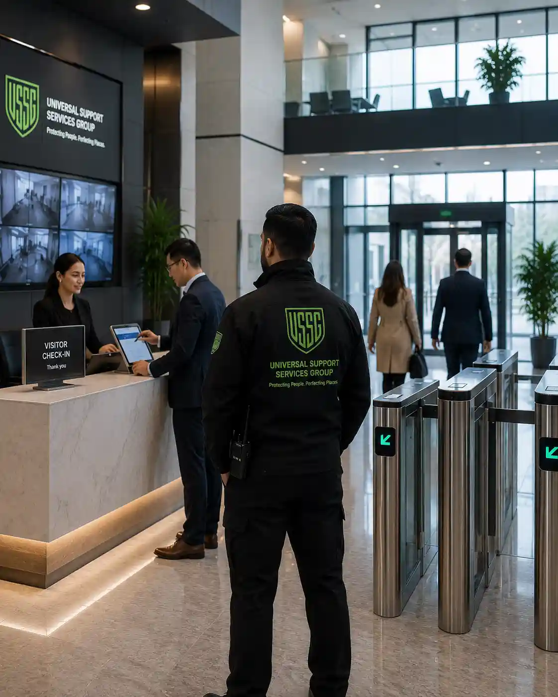 Professional office security guard managing access control and visitor security in a modern UK office building