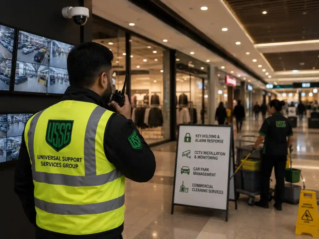 USSG retail security officer monitoring a shopping centre with CCTV, key holding, alarm response and commercial cleaning services in the UK