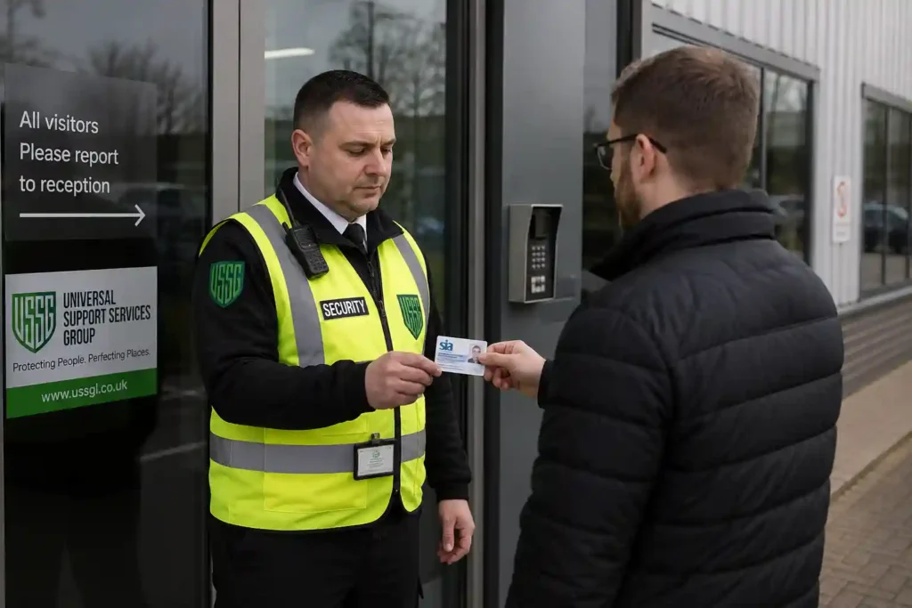 SIA licensed security officer checking visitor identification at a commercial property entrance in the United Kingdom.