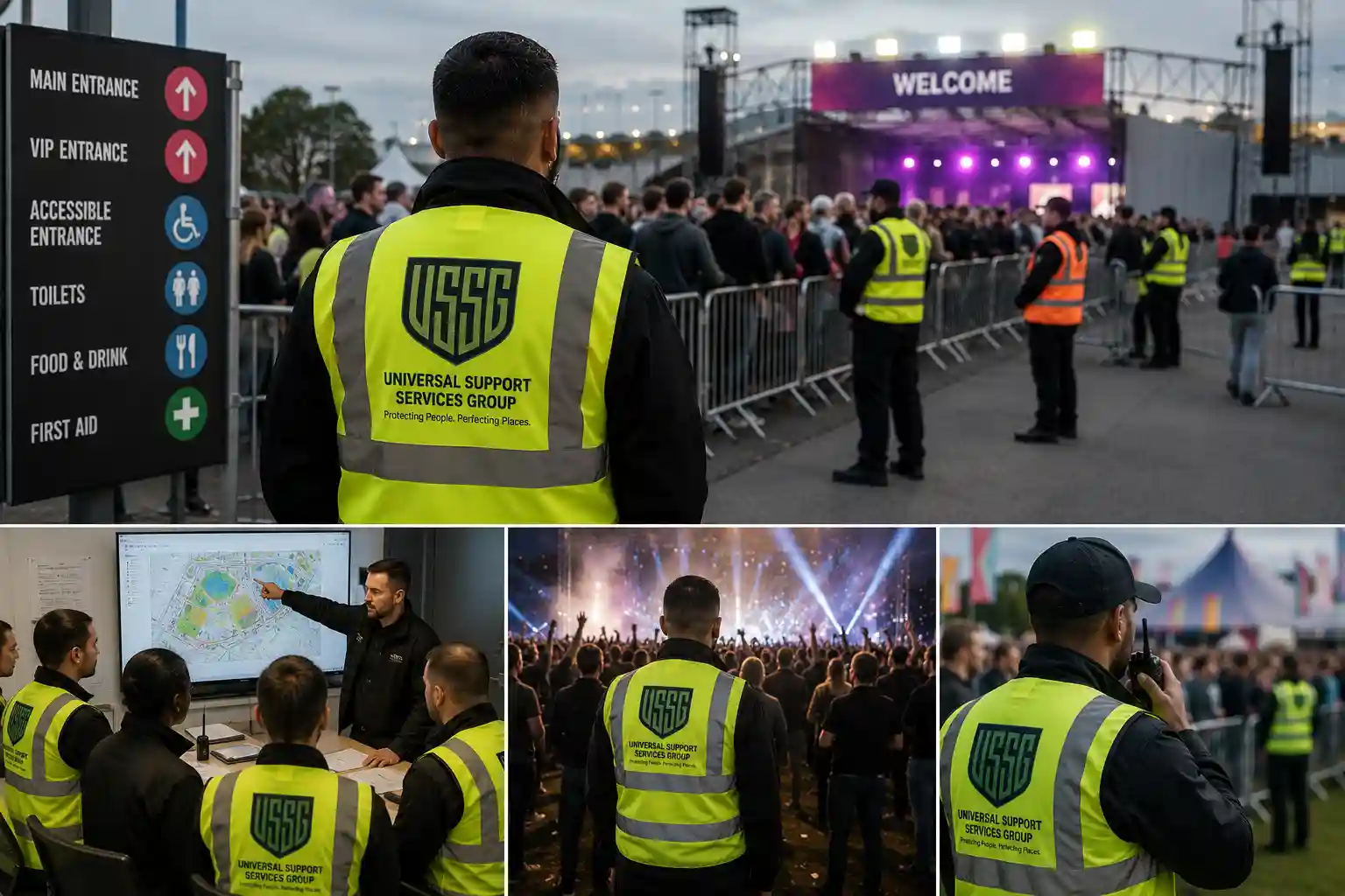 Professional event security briefing before deployment with experienced security manager and event security officers.
