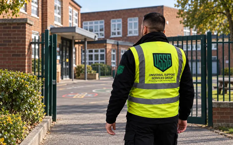 Security officer wearing a USSG vest at a school entrance with gates and playground markings.