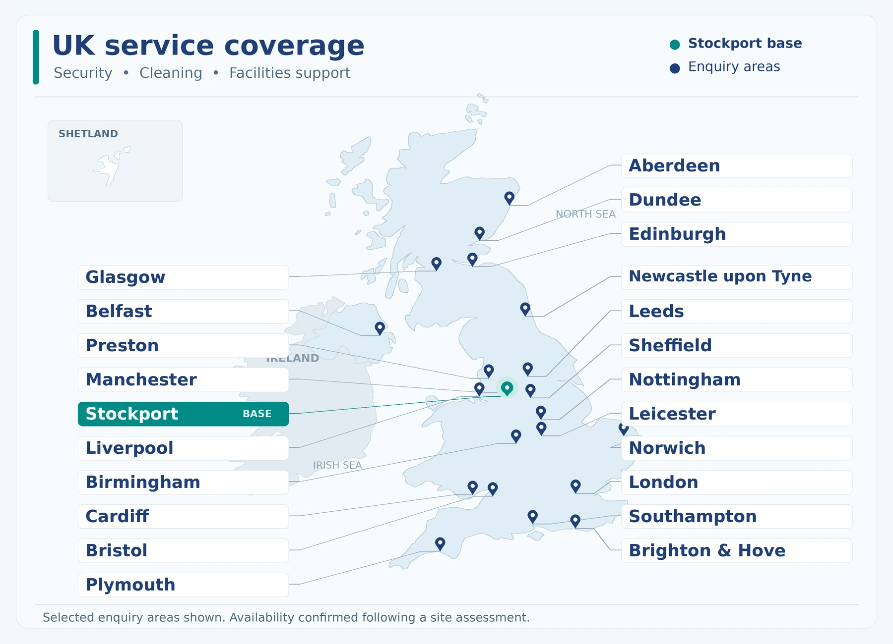 UK service enquiry map showing Stockport and other cities.