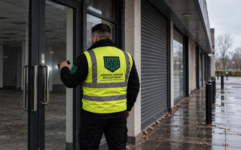 Security officer inspecting the entrance of an unoccupied commercial property.