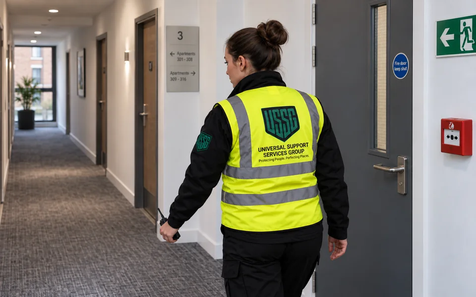 Waking watch officer wearing a USSG high-visibility vest and carrying a walkie-talkie beside a fire door in a residential corridor.