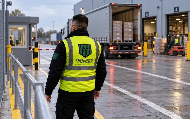 Security officer at a warehouse vehicle checkpoint