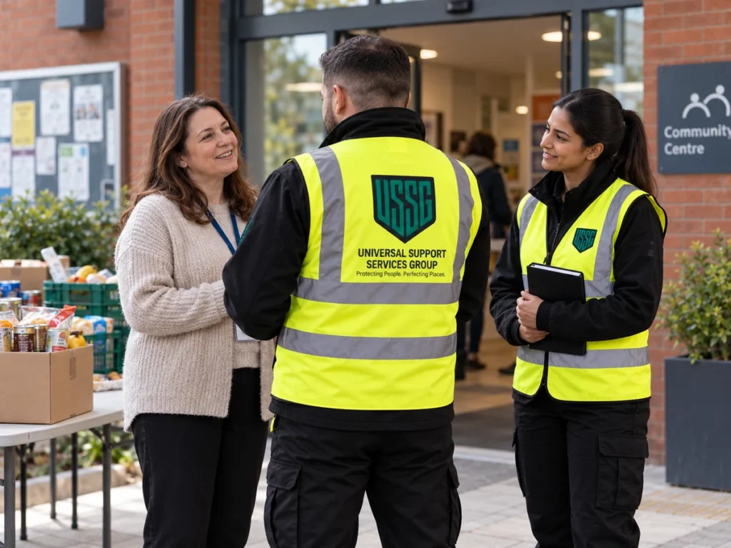 USSG officers in high-visibility vests talking with a woman outside a community centre