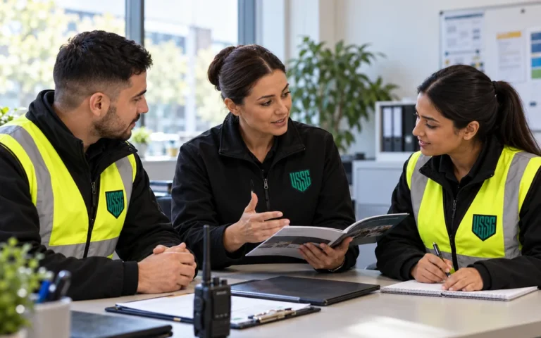 USSG supervisor briefing two colleagues at a table
