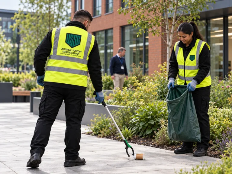 Two USSG staff in high-visibility vests litter picking beside a landscaped path