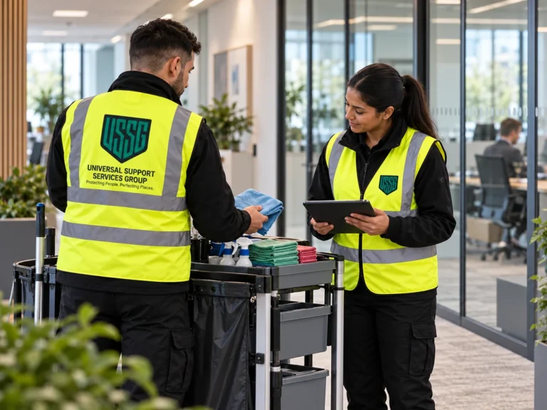 Two USSG staff with a cleaning trolley and a tablet in an office entrance
