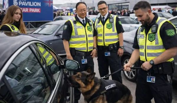 K9 security dog patrol with USSG guards at vehicle checkpoint