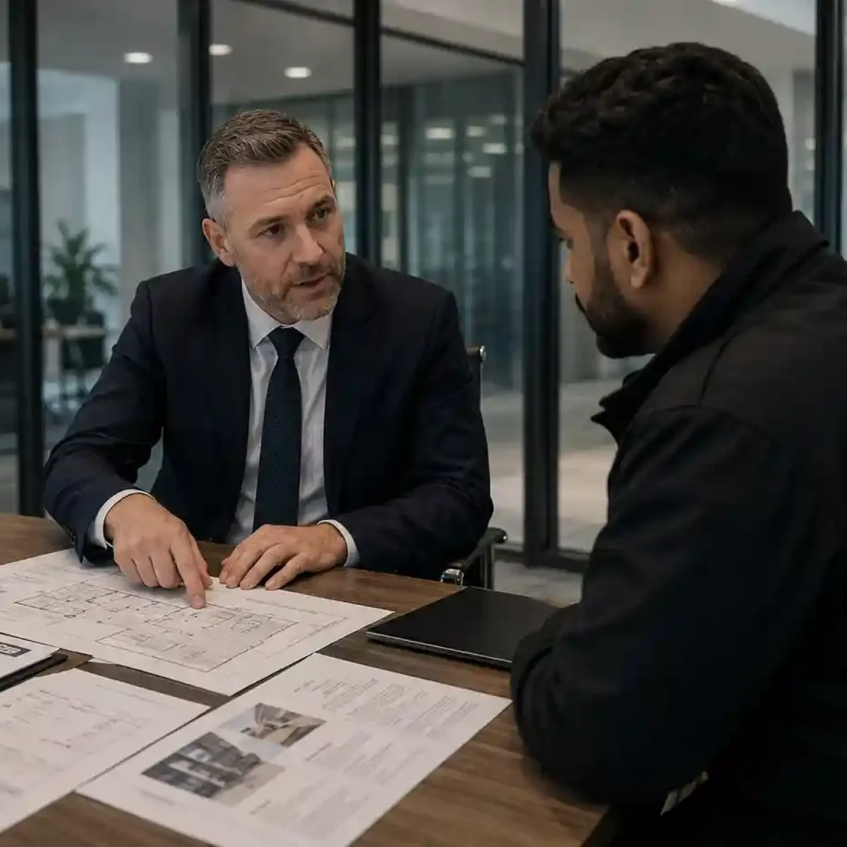 Office security manager briefing a security officer before deployment at a modern UK corporate office building